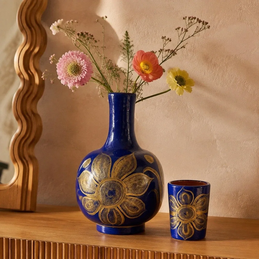 Cobalt Blue Gold Floral Tonala Bedside Water Carafe Ceramic Vase Eclectic Decor